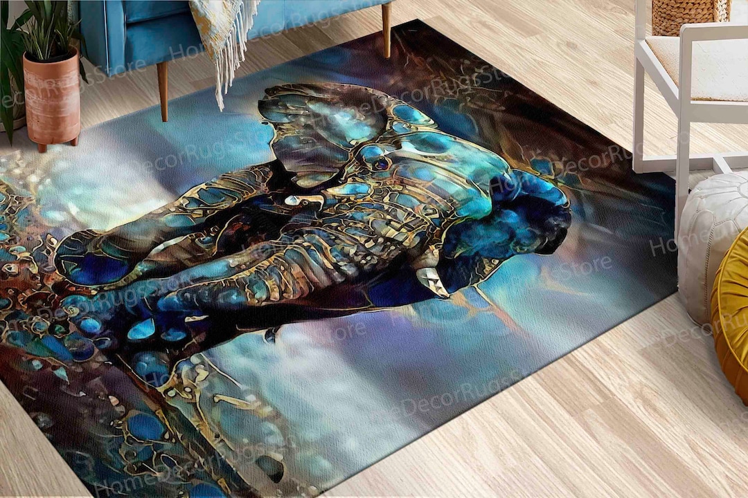 Elephant Rug, Blue Tones Elephant Rug, Abstract Elephant Rugs, Thick ...