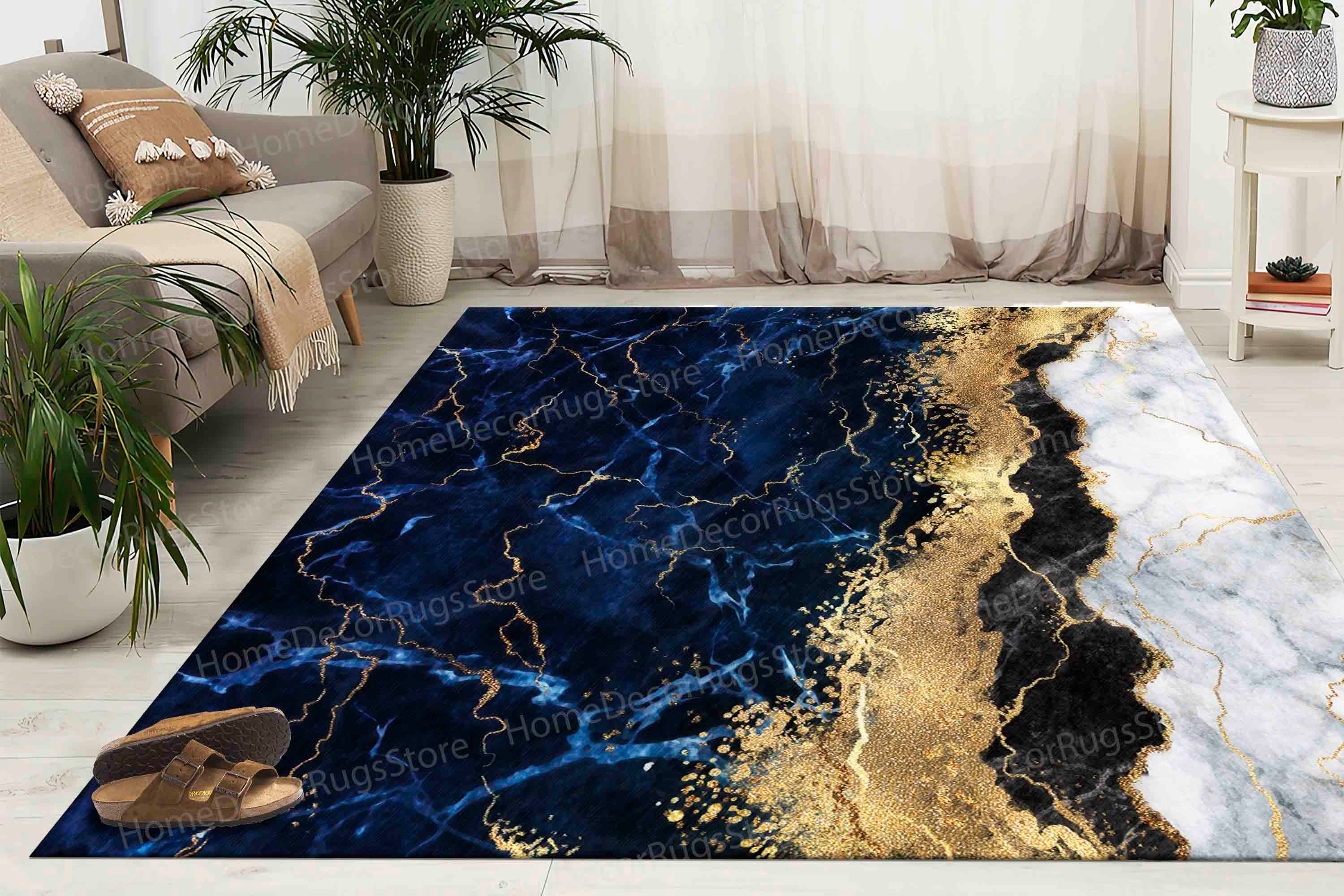 Blue Marble Rug Pattern Floor Rug, Blue Marble Rug, Chenille Rugs, Kitchen Rug, Blue Rug, Navy ...
