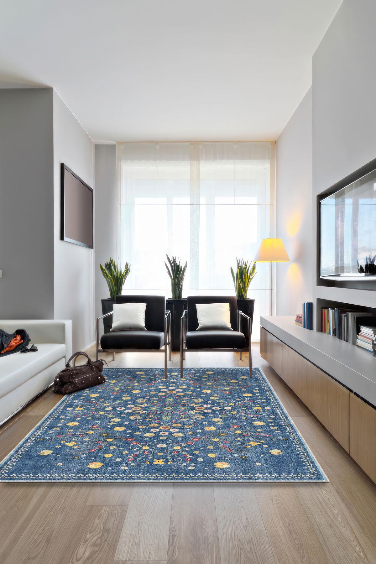 Sky Blue Yellow Digital Print Rug, Boho Floral Floor Mat, Washable