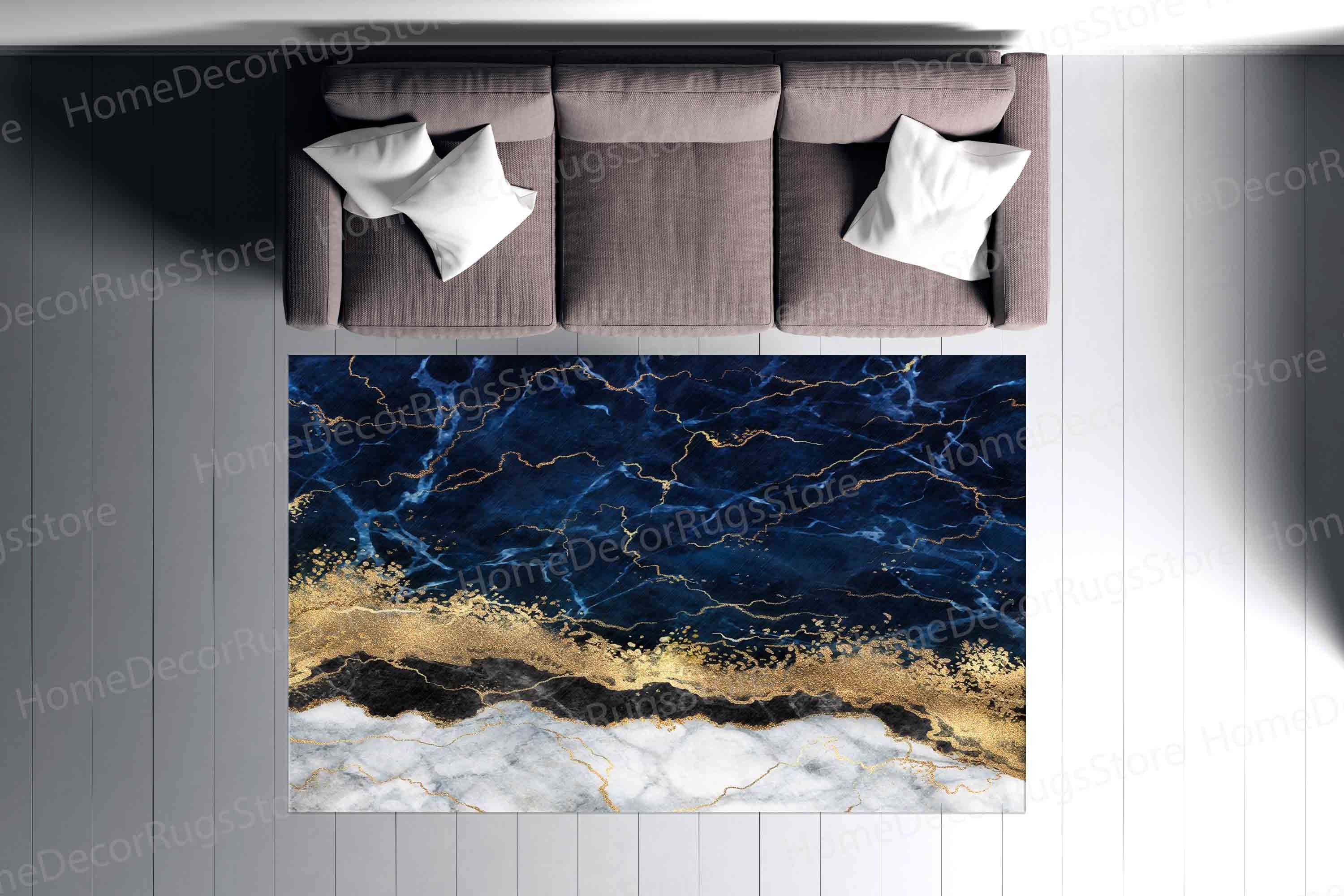 Blue Marble Rug Pattern Floor Rug, Blue Marble Rug, Chenille Rugs, Kitchen Rug, Blue Rug, Navy ...