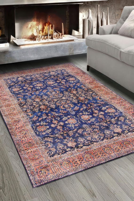 Royal Blau Koralle Digitaldruck Teppich, kurdische florale Bodenmatte 200x230, waschbarer Vintage Teppich mit traditionellem orientalischem Medaillon-Design