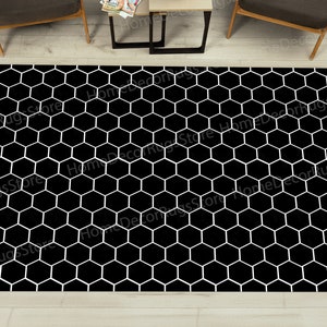 Bee Honeycomb Pattern Rug, Black Rug, Geometric Pattern Rug, Modern Rugs, Housewarming Gift, Decorative Rug, 3D Printed Rug, Indoor Rug,