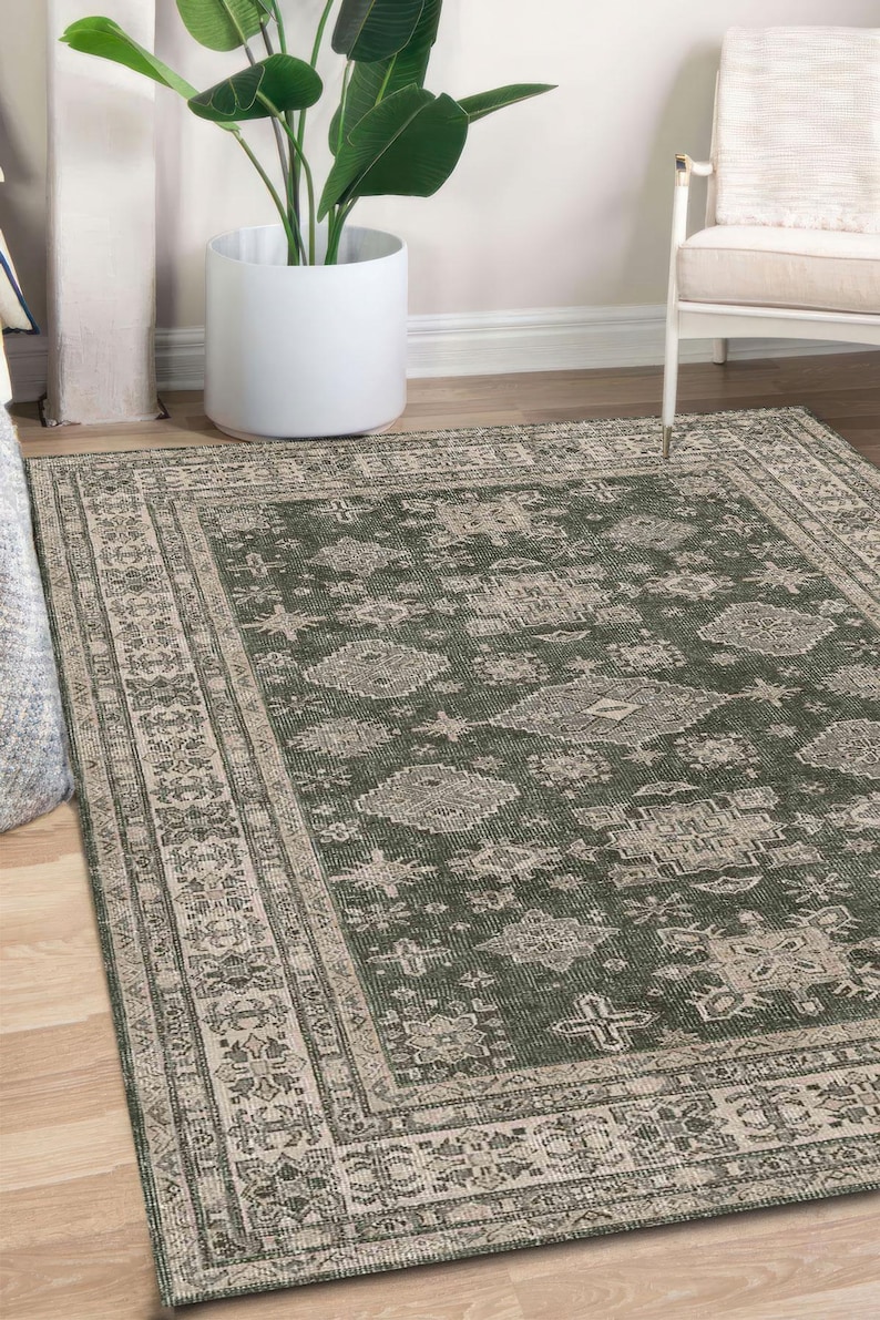 Olive Green Boho Oriental Rug, Vintage Area Rug, Washable Digital Print ...