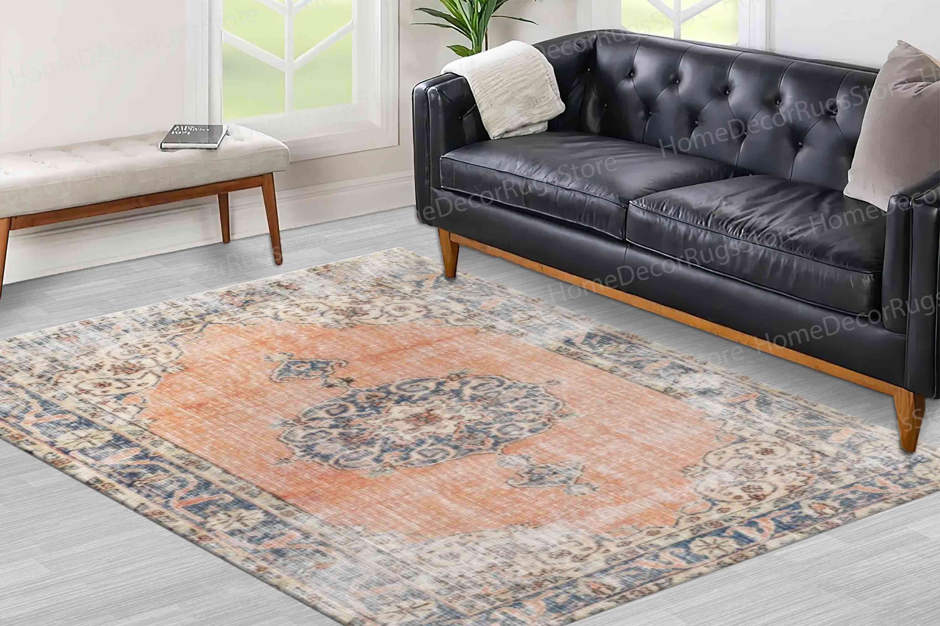 Orange Rug, Navy Blue Rug, Floral Rugs, Medallion Rugs, Bohemian Rug, Turkish Rug, Wall Hanging Rug, Personalized Rug, Anti-Slip Carpet,