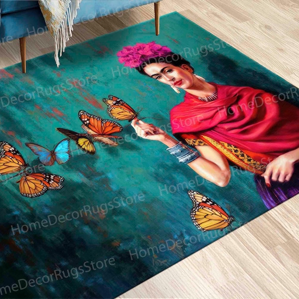 Thick Rug, Chenille Rug, Entryway Rugs, Bathroom Rug, Frida With Butterflies Rugs, Frida Kahlo Rugs, Famous Rug, Woman Rugs, Salon Rugs,