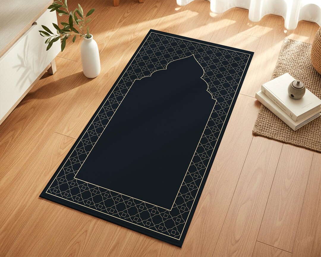Black Gold Islamic Prayer Rug, Minimal Line Pattern Sajada Mat, Elegant ...