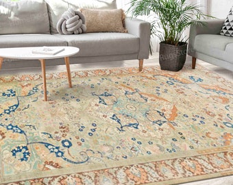 Green Rug, Floral Pattern Rug, Floral Rugs, Antique Style Rug, Turkish Rug, Large Rug, Kitchen Rug, Popular Rug, Non-Slip Carpet, Brown Rug,