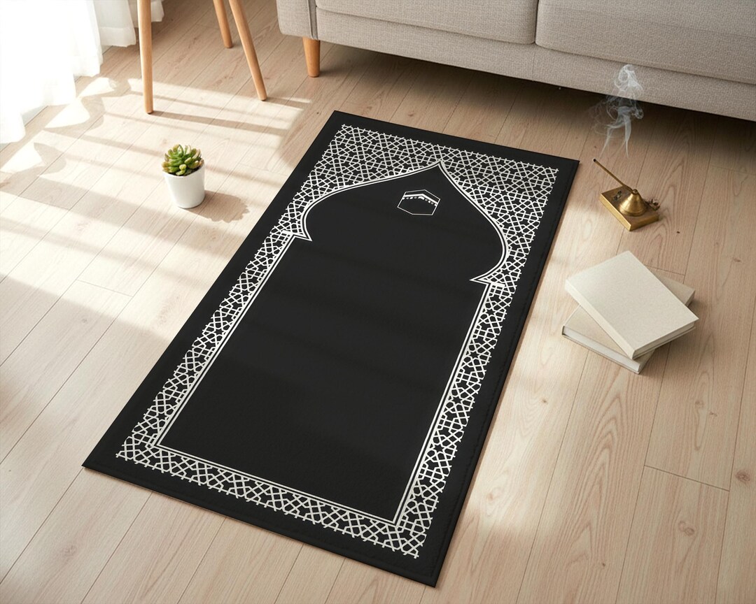 Soft Black White Islamic Prayer Rug, Geometric Seccade Mat, Minimal ...