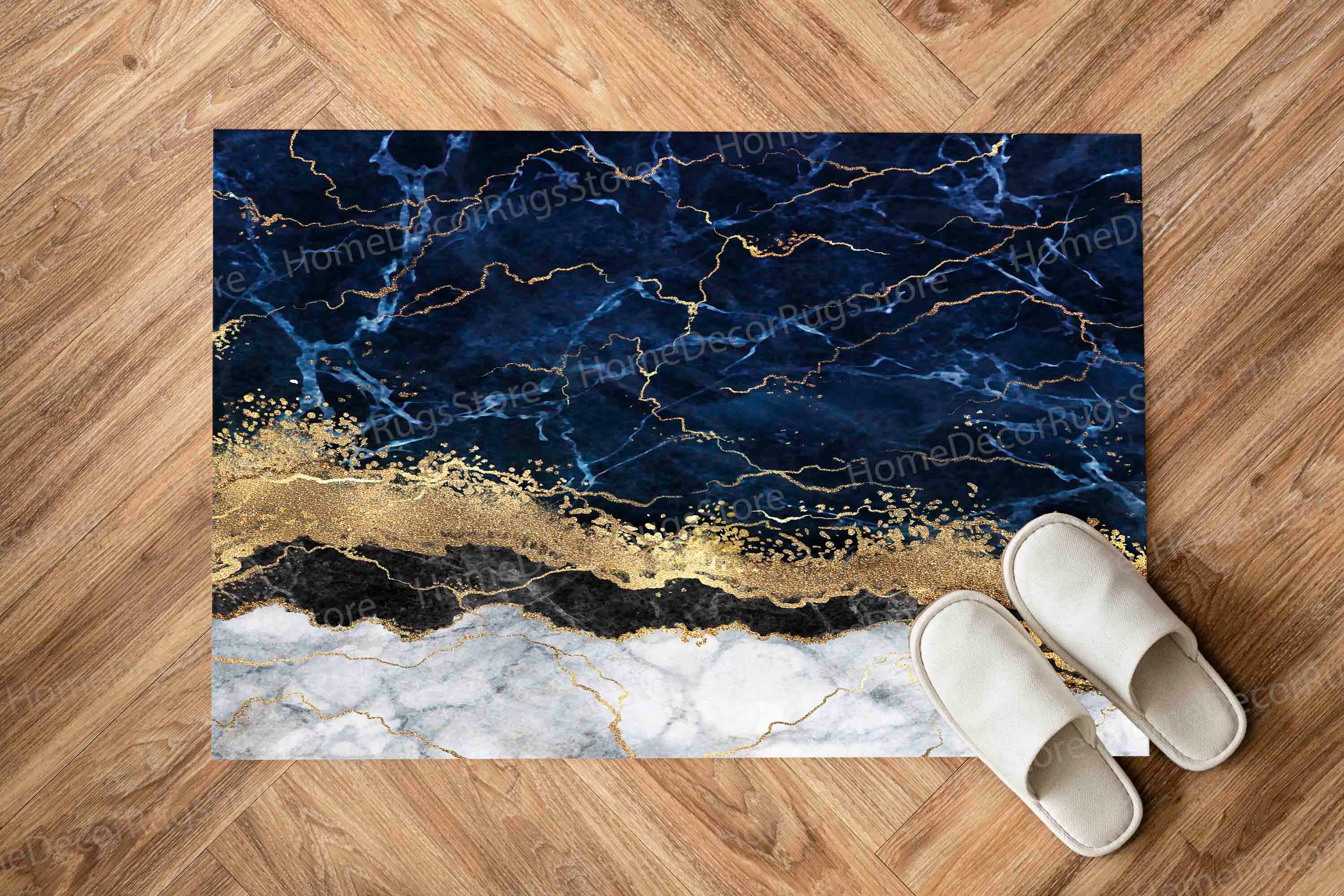 Blue Marble Rug Pattern Floor Rug, Blue Marble Rug, Chenille Rugs, Kitchen Rug, Blue Rug, Navy ...