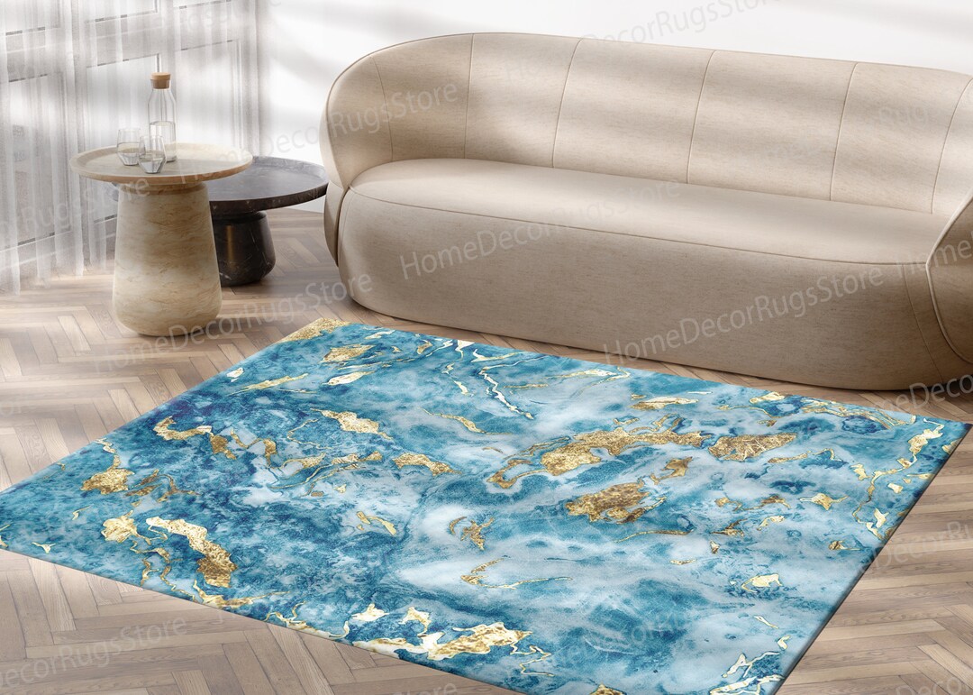 Blue and Gold Marble Rugs, Alcohol Ink Rug, Modern Rugs, Gold Marble ...