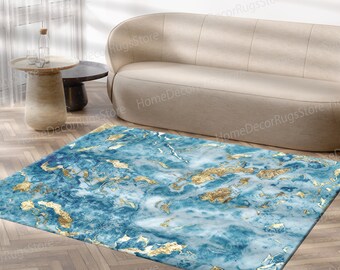 Blue and Gold Marble Rugs, Alcohol Ink Rug, Modern Rugs, Gold Marble Rugs, Cool Rug, Dining Room Rugs, Personalized Rugs, Luxury Marble,