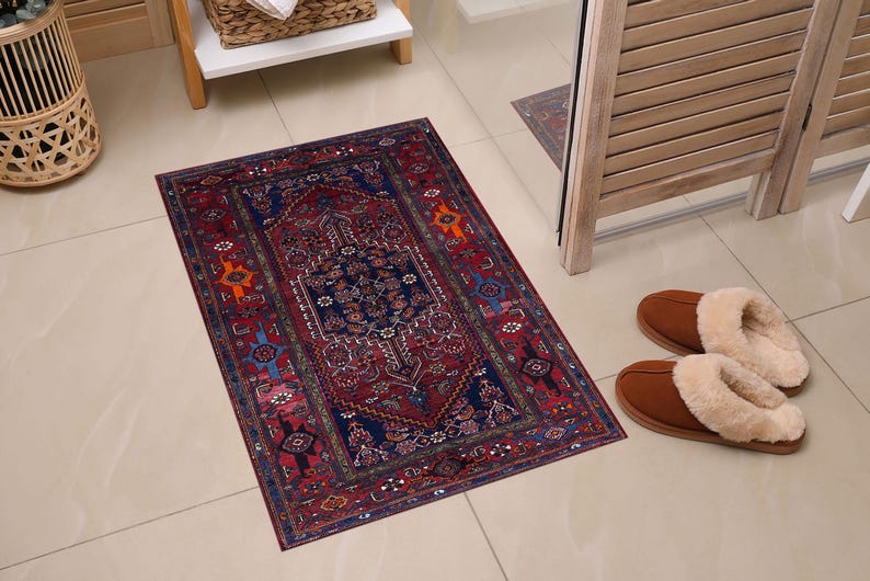 Digital Print Rug Designs Burgundy Navy Digital Print Rug, Kurdish Heriz-style Floor Mat 5x8 ...