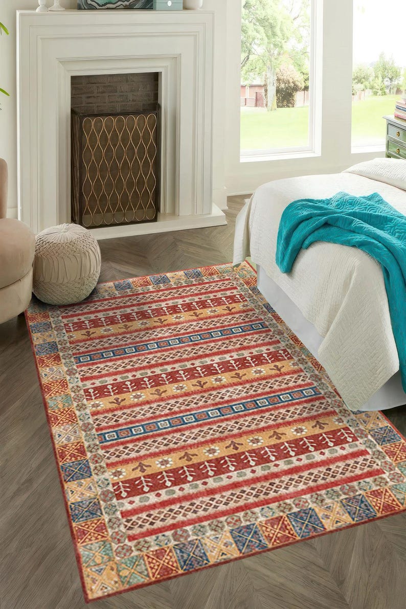 Digital Print Rug Designs Rust Mustard Digital Print Rug, Kilim Tribal Floor Mat 5x8, Washable ...