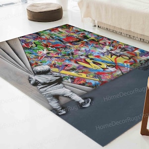 Banksy Boy Rug, Personalized Rugs, Soft Rug, Step Rug, Banksy Behind the Curtain Rugs, Abstract Rugs, Banksy Graffiti Rugs, Bedroom Rug,
