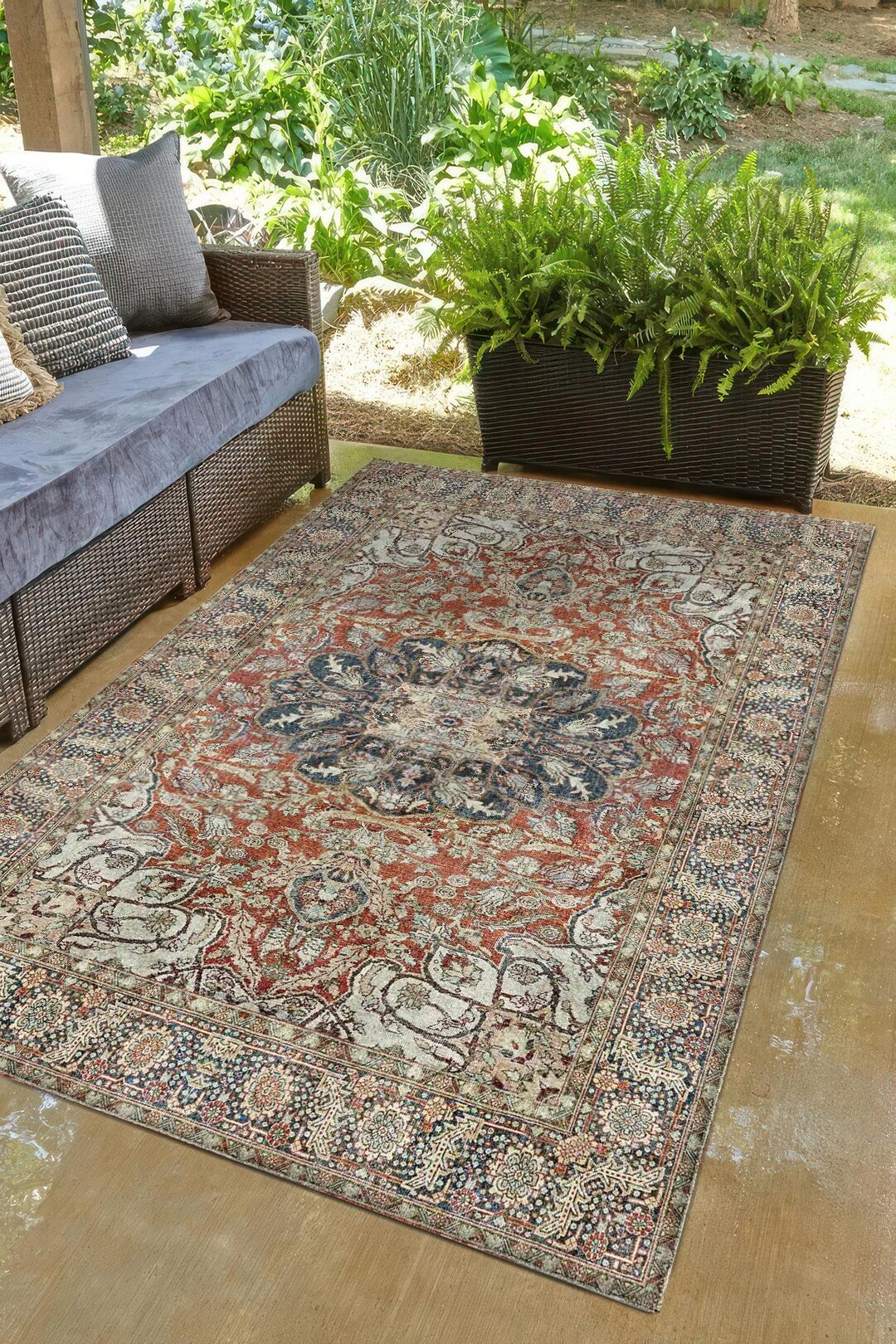 Brick Red Dusty Teal Digital Print Rug, Kurdish Vintage Medallion