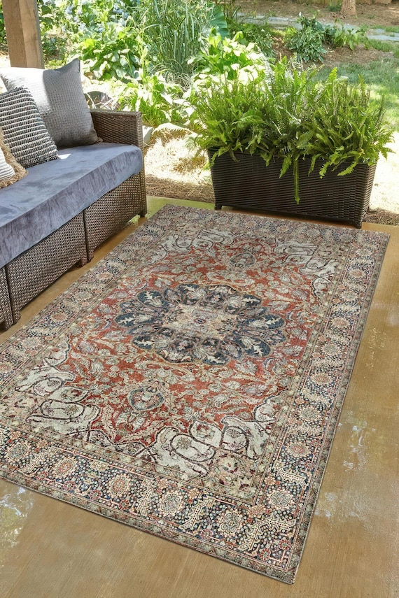 Brick Red Dusty Teal Digital Print Rug, Kurdish Vintage Medallion