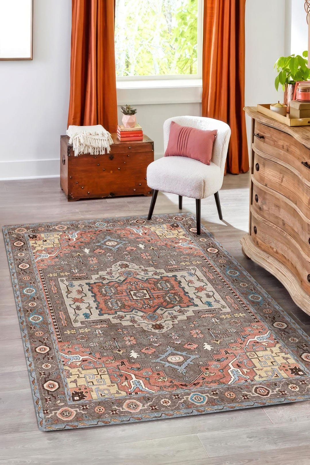 Clay Brown Soft Blue Digital Print Rug, Vintage Turkish Medallion Floor ...