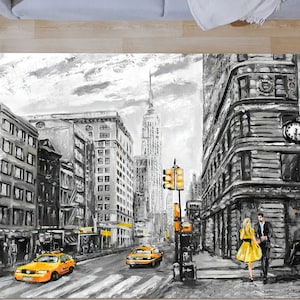 Yellow Rug, Gray Rug, Romantic Couple Rugs, Small Rugs, Street View of New York Rug, Front Door Rug, London Rugs, Entryway Rugs, Salon Rug,