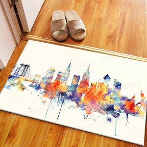 City Landscape Rug, Office Decor Rug, Saloon Rug, Abstract Rugs, Watercolor City Silhouette Rugs, Landscape Rugs, Outdoor Rugs, Colorful Rug