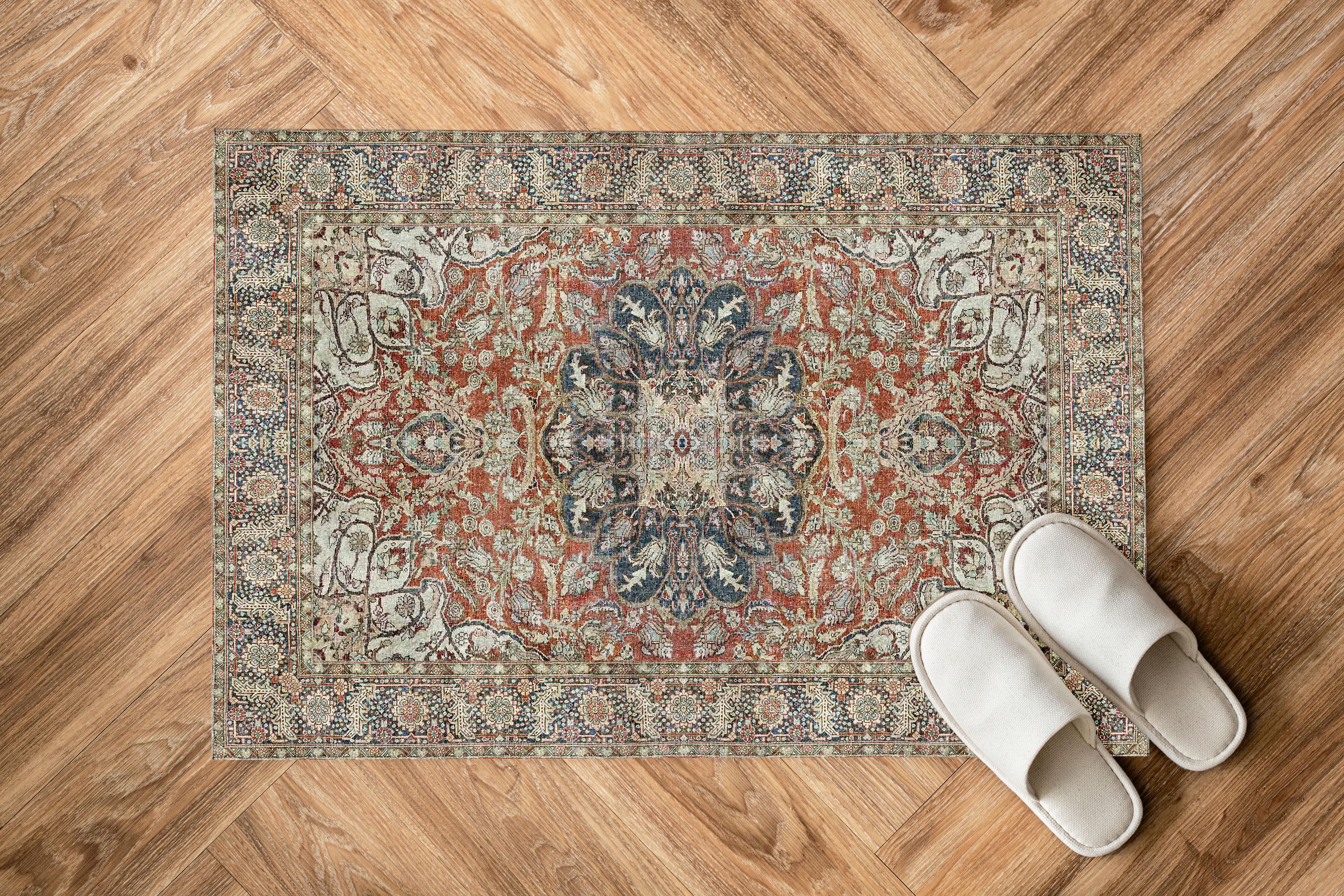 Brick Red Dusty Teal Digital Print Rug, Kurdish Vintage Medallion