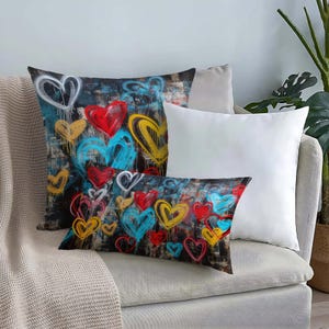 Love Graffiti Cushion Case, Hearts Graffiti Cushion Cover, Graffiti Pillow Case, Colorful Hearts Graffiti Pillow Sham, Accent Pillow,