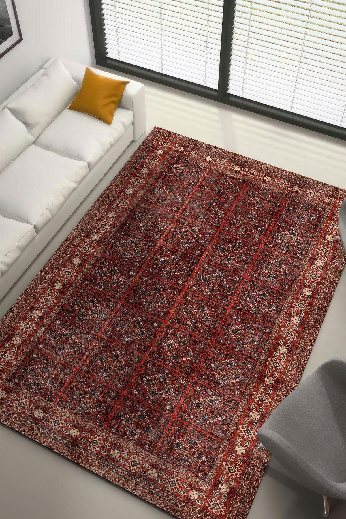 Red Digital Printed Kurdish Rug, Traditional Boxed Pattern Carpet