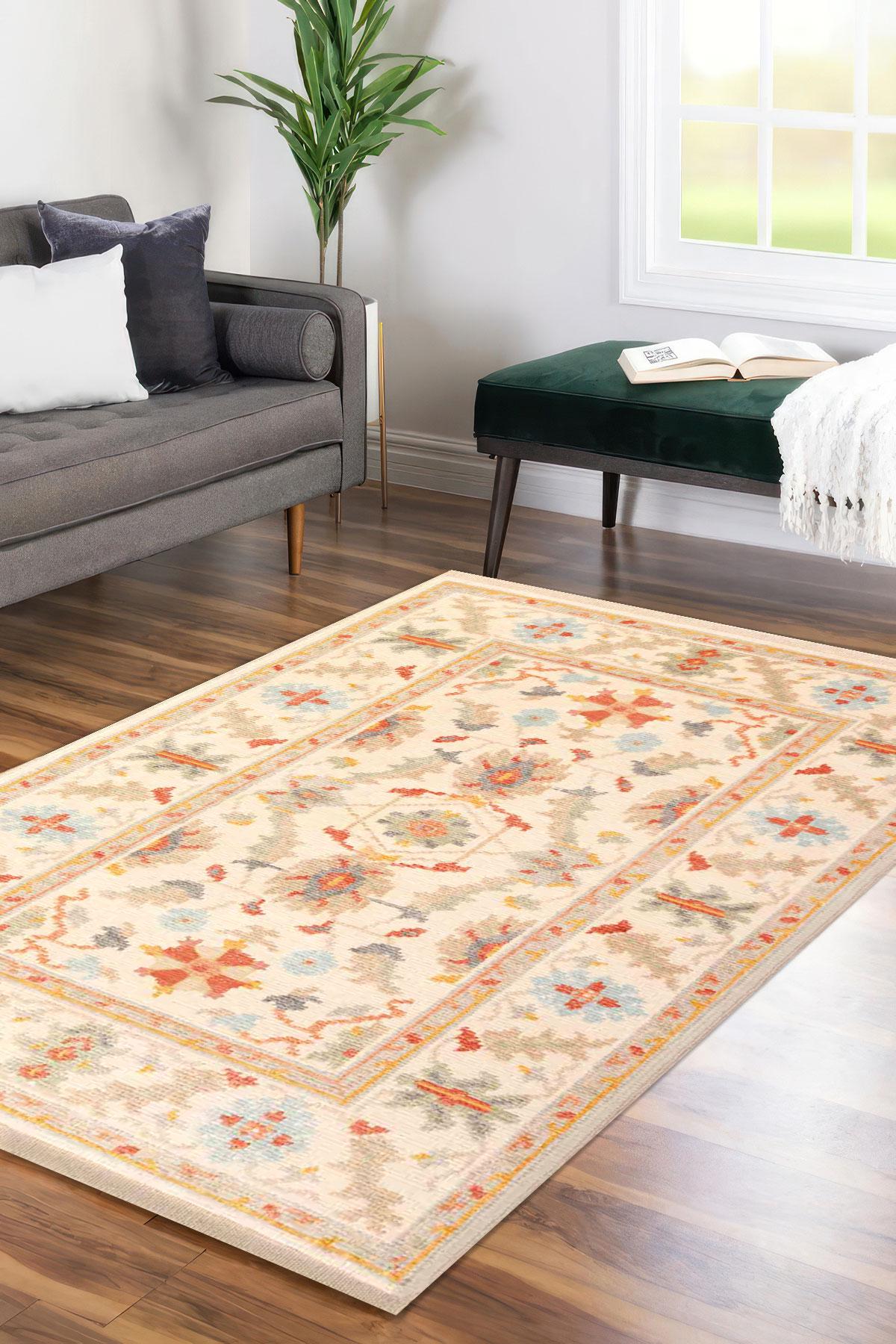 Cream Coral Digital Print Rug, Vintage Floral Anatolian Runner Rug