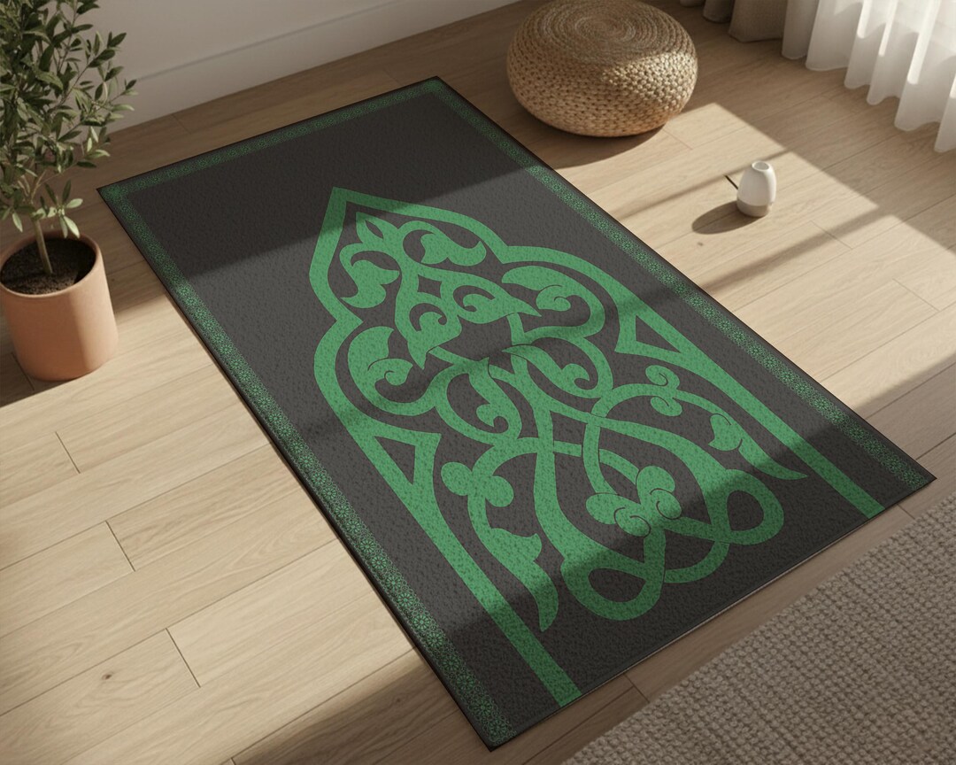 Black Green Islamic Prayer Rug, Ornamental Pattern Sajada Mat, Modern ...
