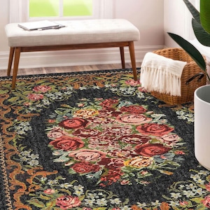 Floral Tapestry Digital Printed Rug, Bold Black Carpet with Rose Motif and Green Leaf Border,Vintage Romantic Area Mat for Living Room Decor