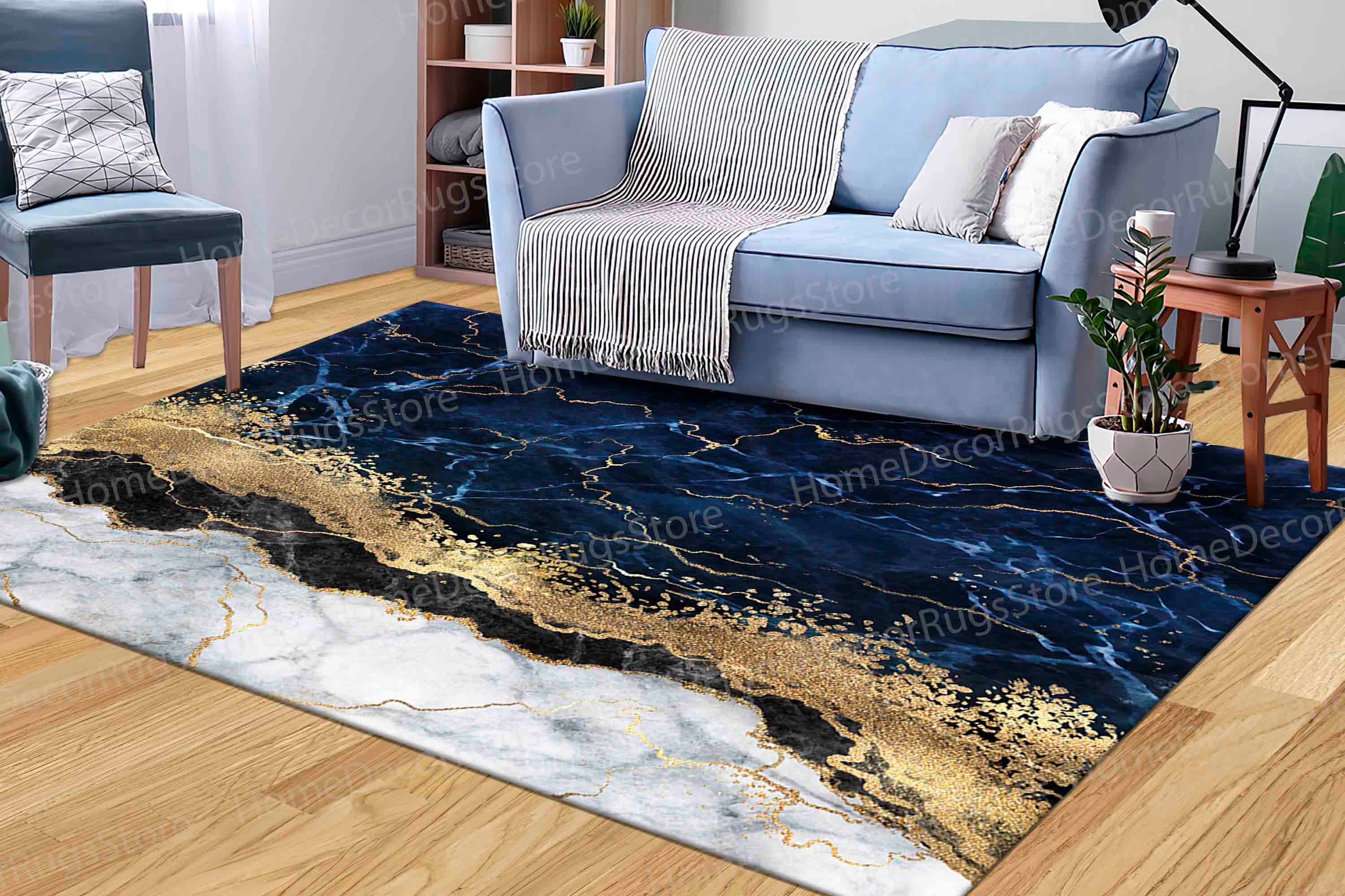 Blue Marble Rug Pattern Floor Rug, Blue Marble Rug, Chenille Rugs, Kitchen Rug, Blue Rug, Navy ...
