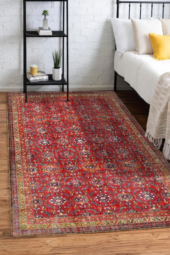 Bright Red Olive Green Digital Print Rug, Kurdish Floral Floor Mat