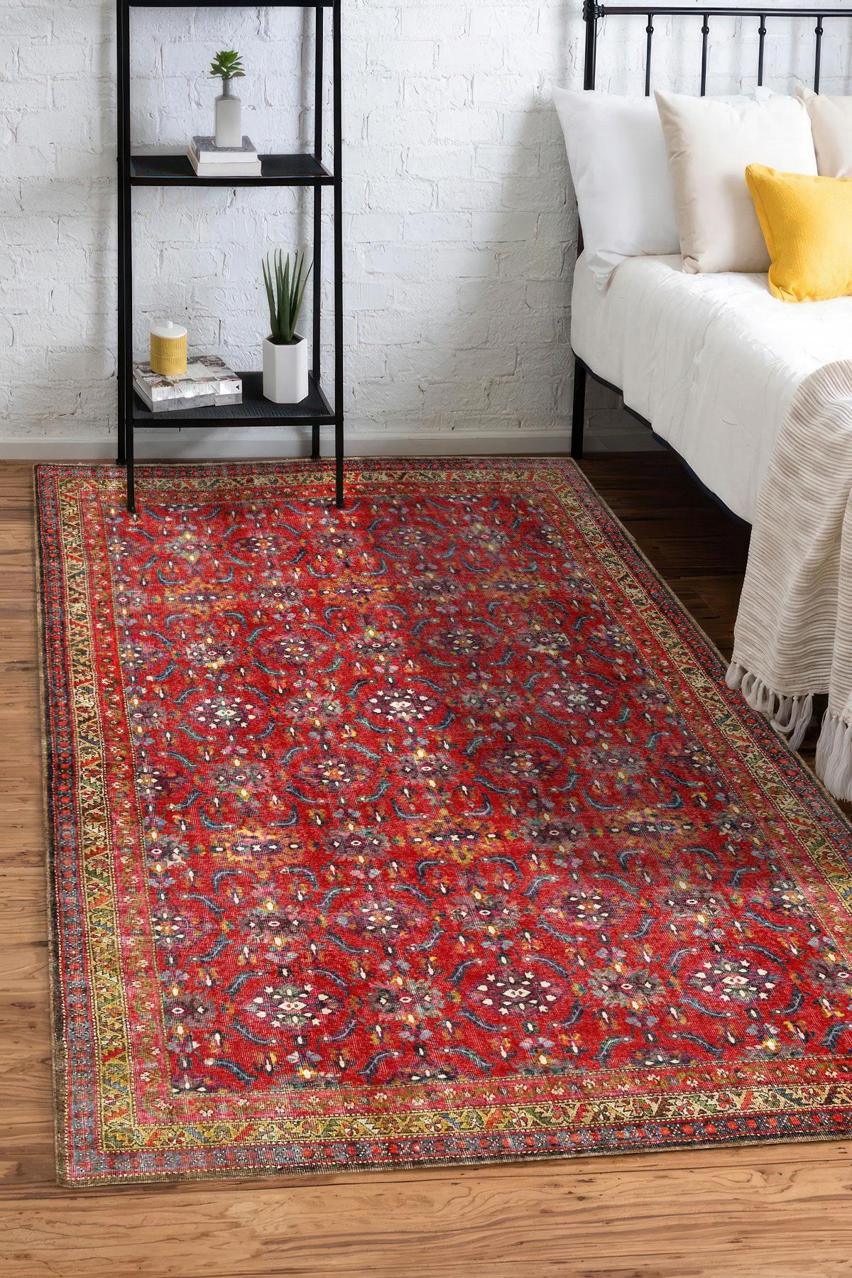 オランダ Vintage Rug【Red】 120 x 80 cm Bright Red Olive Green Digital Print Rug, Kurdish Floral Floor Mat