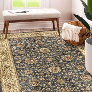 Floral Traditional Digital Printed Rug, Navy and Beige Vintage Style Carpet, Persian Botanical Pattern Floor Mat for Living Room Decor