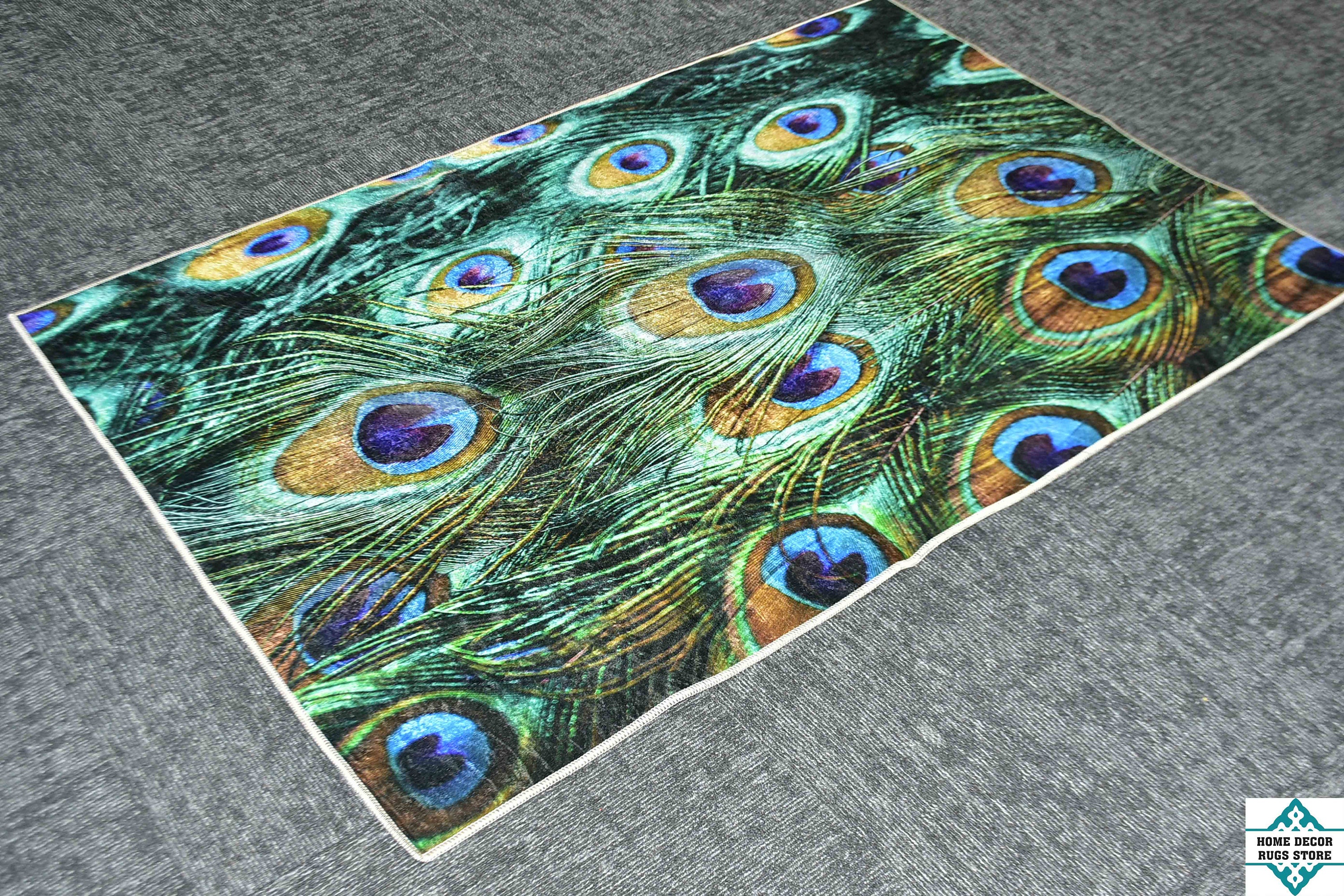 Feathered Rug Non Slip Rugs, Colorful Peacock Feather Rug, Feather Rugs, Front Door ...