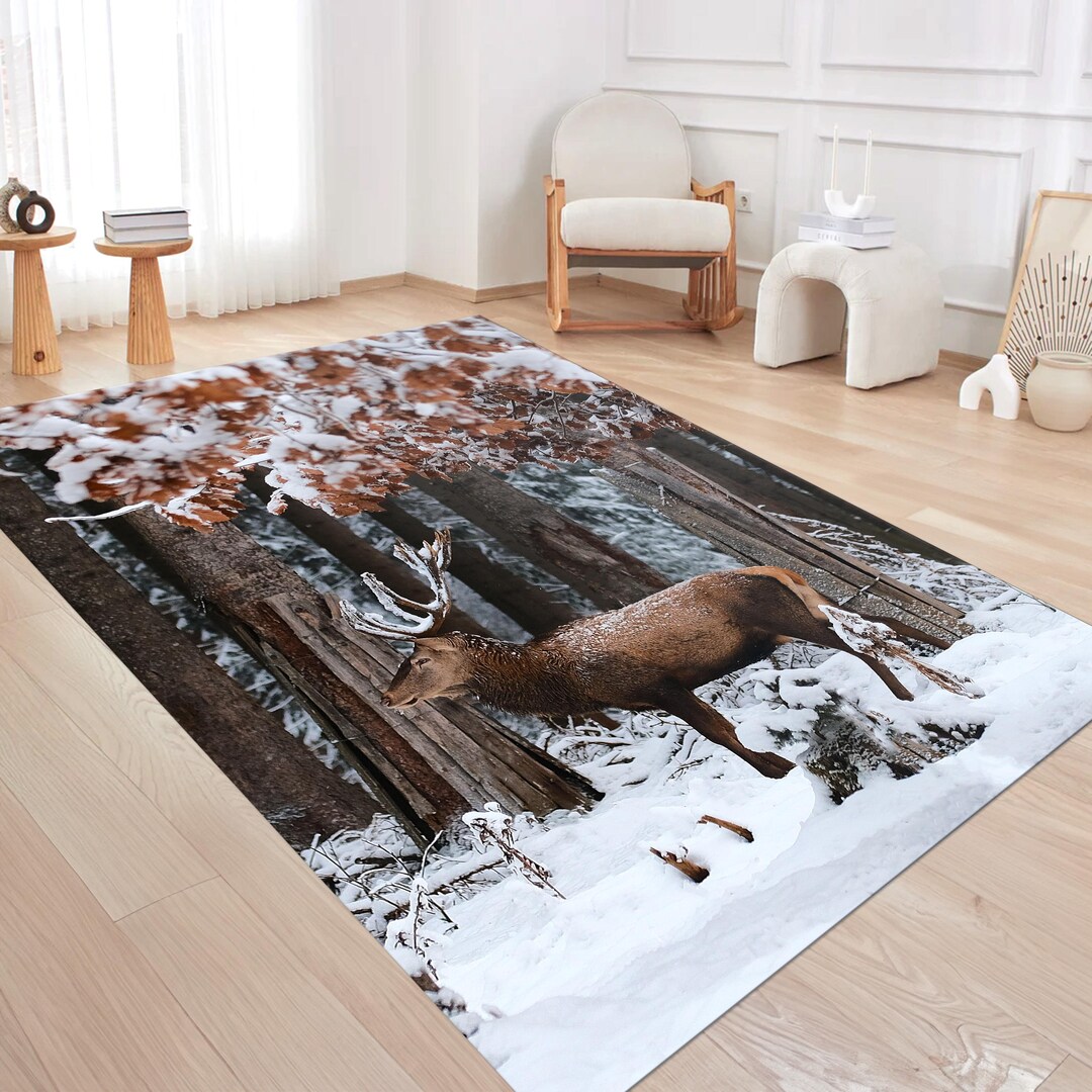 Deer Forest Rug, Modern Printed Mat, Winter Forest Carpet, Animal Art ...