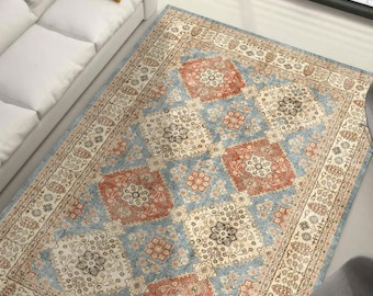 錆と青の幾何学模様のデジタルラグ、ヴィンテージダイヤモンド柄