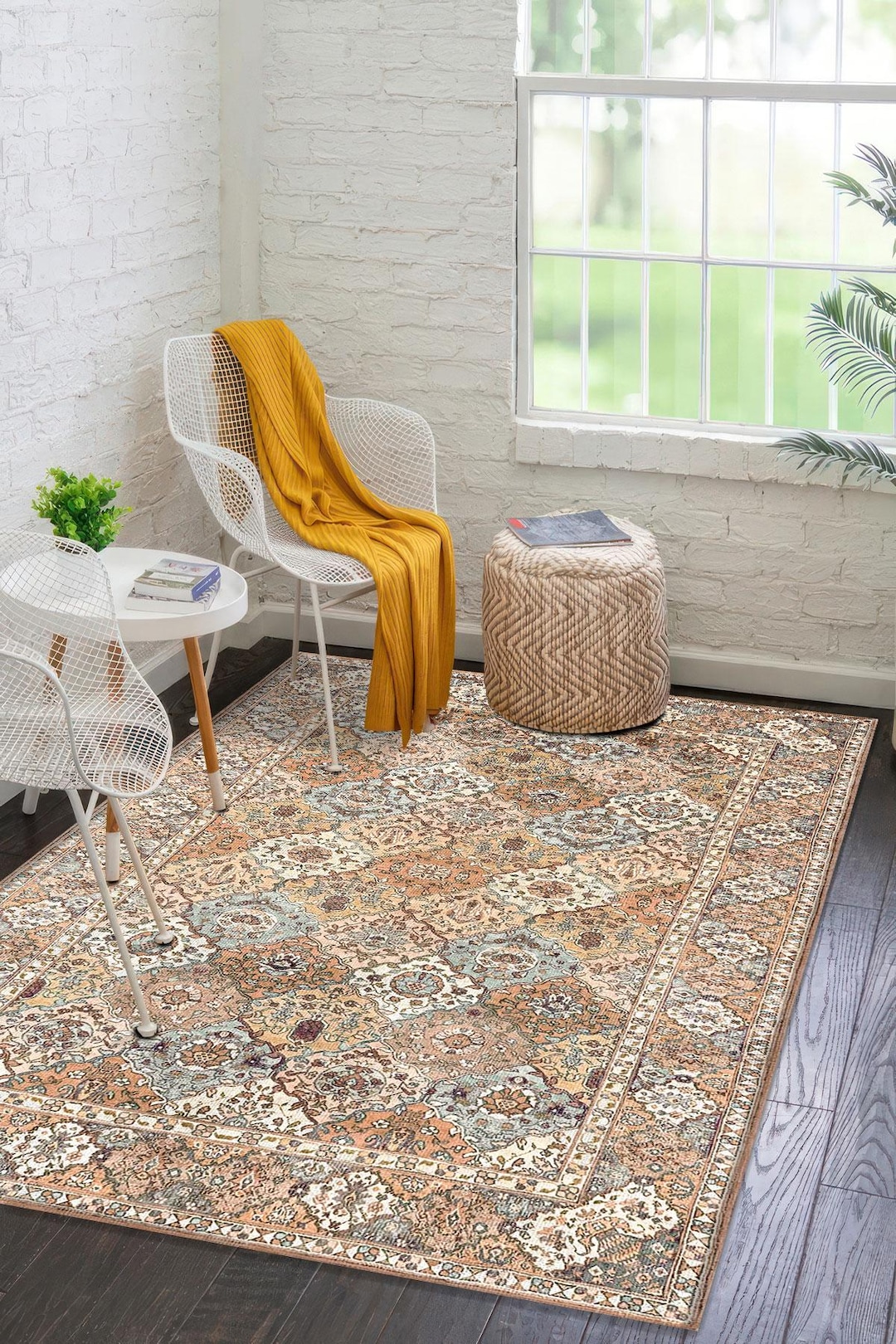 ラグ・カーペット kurdi mini rug Camel Cream Digital Print Rug, Kurdish Vintage Floral Floor Mat