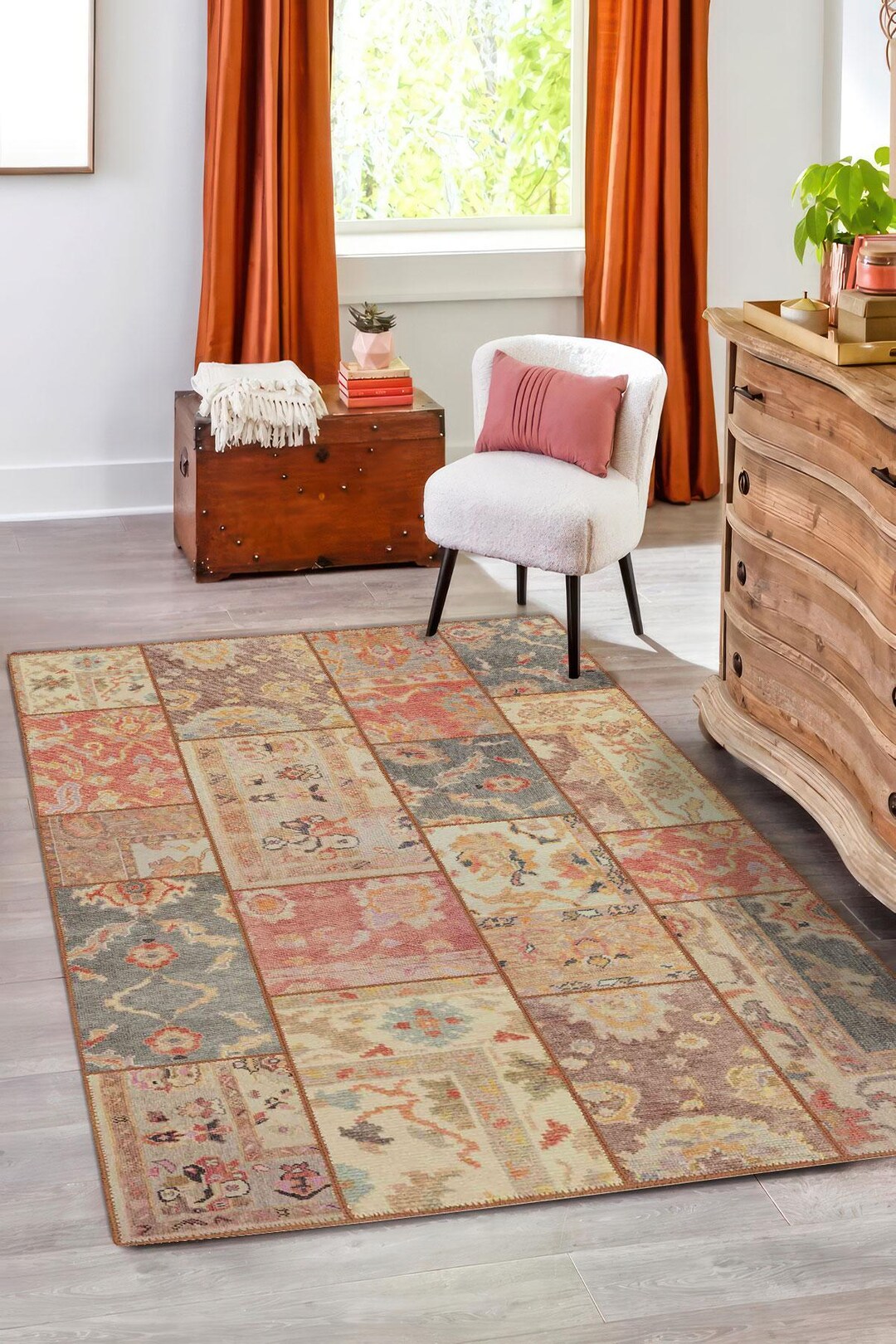 Colorful Patchwork Digital Printed Rug, Vintage Boho Style Carpet With ...