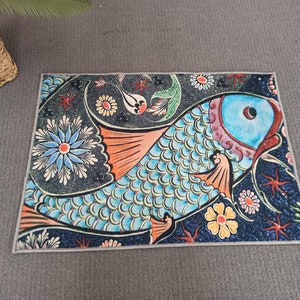 Mosaic Fish Effect Rugs, Ceramic Fish Rug, Office Decor Rugs, Step Rugs, Fish Rug, Wall Hanging Rugs, Animal Rug, Thick Rugs, Large Rug,