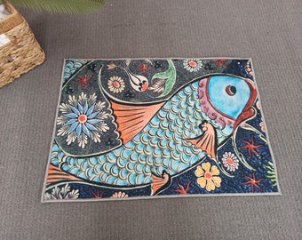 Mosaic Fish Effect Rugs, Ceramic Fish Rug, Office Decor Rugs, Step Rugs, Fish Rug, Wall Hanging Rugs, Animal Rug, Thick Rugs, Large Rug,