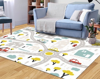 Kids Room Rug, Boy Room Rug, Play Room Rug, Salon Rug, Baby City Map With Roads And Transport Rugs, City Map Rug, Entryway Rugs, Large Rug,