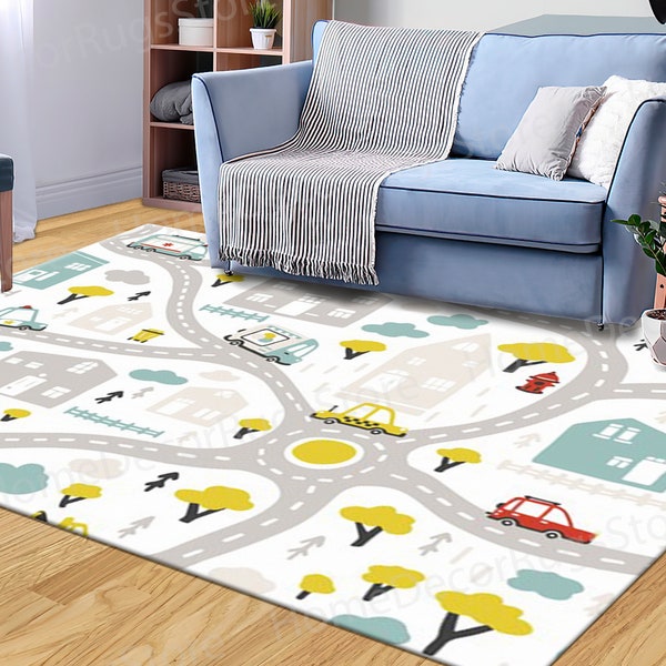 Kids Room Rug, Boy Room Rug, Play Room Rug, Salon Rug, Baby City Map With Roads And Transport Rugs, City Map Rug, Entryway Rugs, Large Rug,