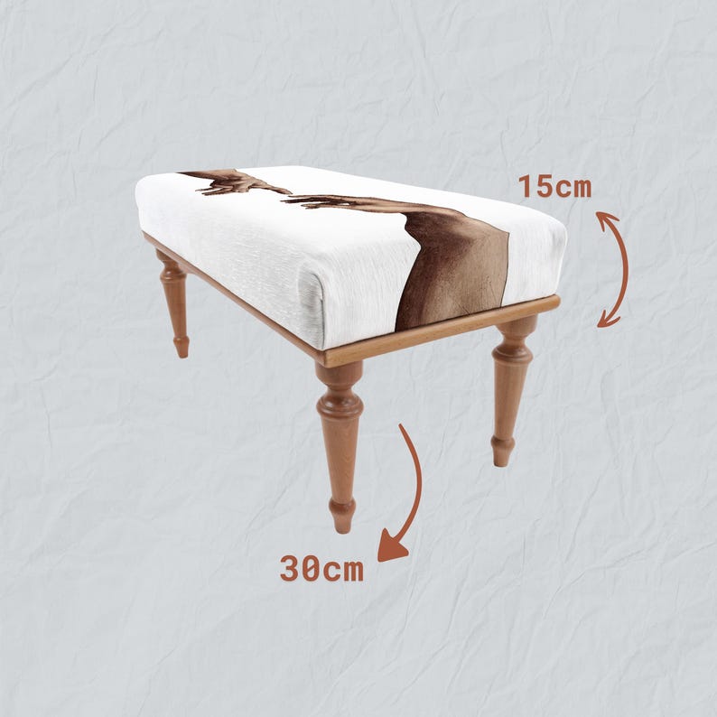 May include: A rectangular bench with four turned wooden legs and a white upholstered top featuring a brown-toned illustration of reaching hands. The bench has a height of 15 cm and a length of 30 cm as indicated by the visible measurement text.