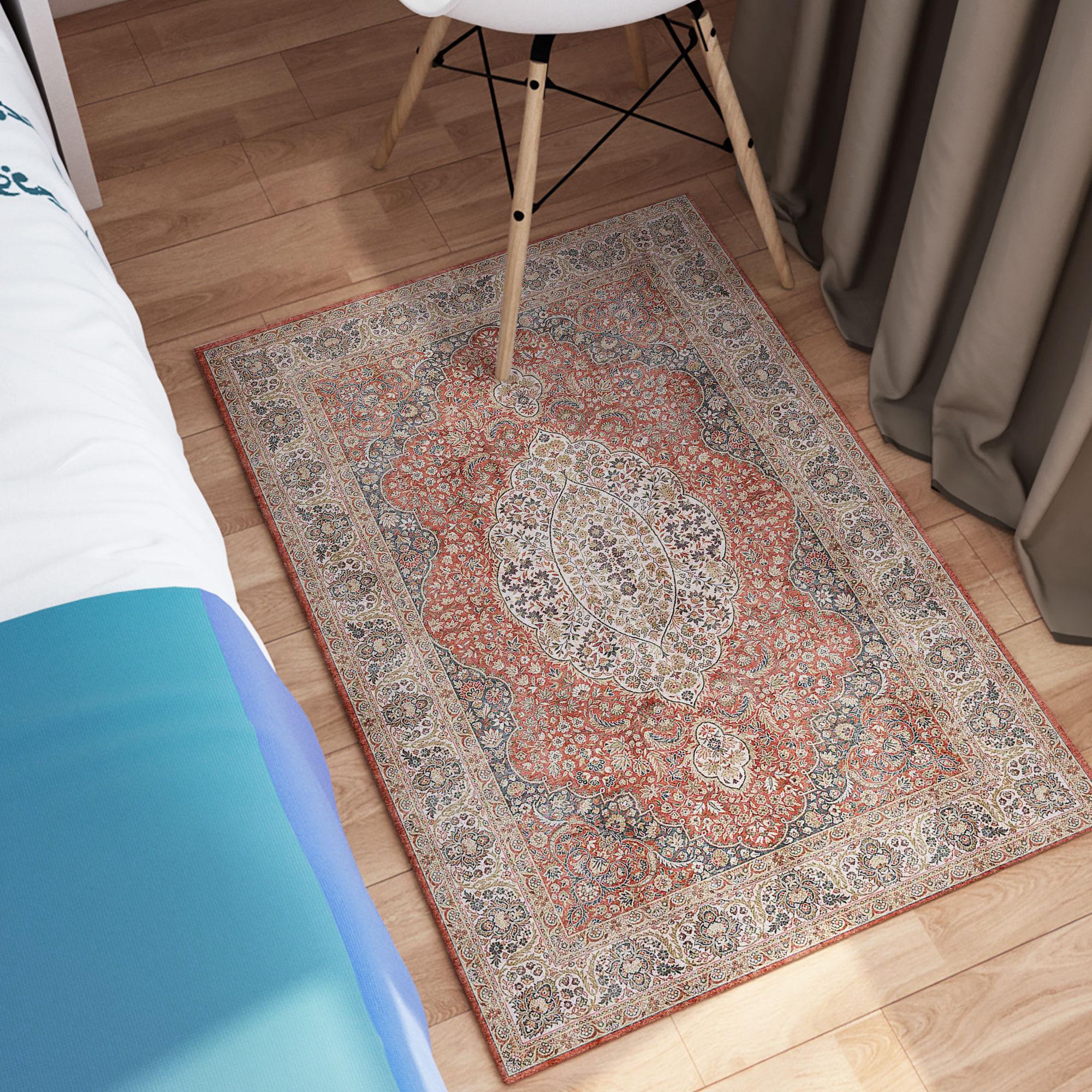 レンガ色のアイボリーデジタルプリントラグ、ペルシャのヴィンテージ