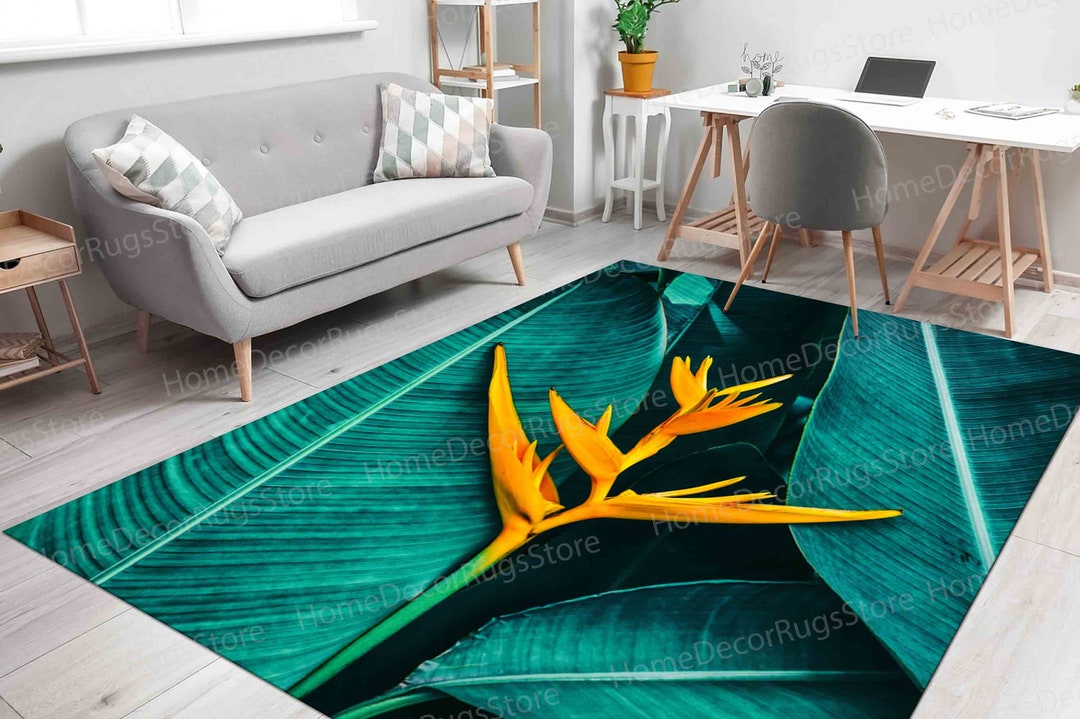 Step Rug, Tropical Flower Rug, Green and Yellow Rugs, Flower Rugs, Popular Rug, Easy to Clean