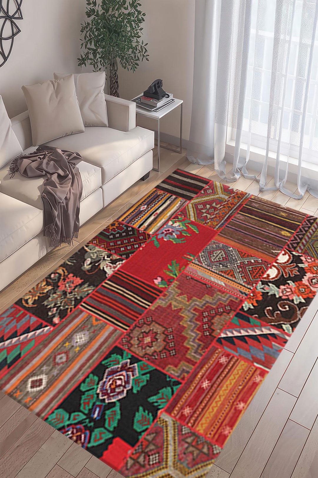 Digital Print Rug Designs Red Black Digital Print Rug, Boho Patchwork Kilim Floor Mat 5x8 ...