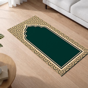 Vibrant Green Ornate Islamic Seccade, Green Prayer Rug with Gold Intricate Pattern, Elegant Salah Mat, Modern Muslim Prayer Carpet