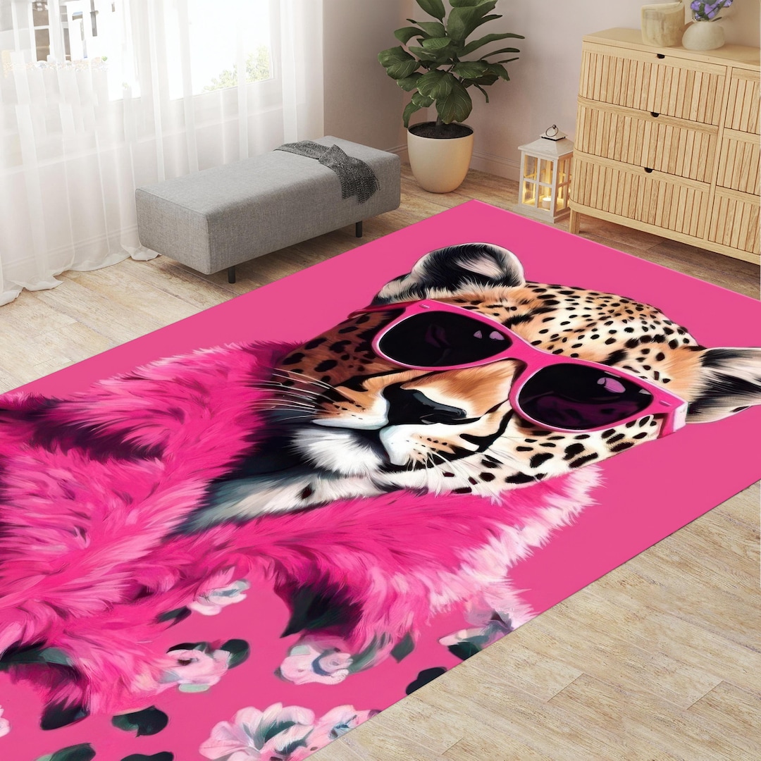 Pink Leopard Rug, Printed Carpet, Non Slip, Washable Rug, Animal Print ...