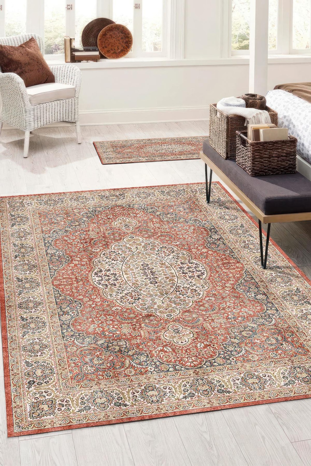 レンガ色のアイボリーデジタルプリントラグ、ペルシャのヴィンテージ