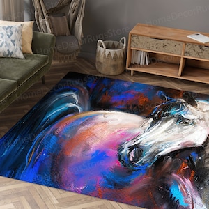 Large Rug, Wall Hanging Rug, Salon Decor Rug, Non Slip Rug, White Horse Painting Rugs, Horse Rugs, Animal Rug, Saloon Rug, Step Rug,
